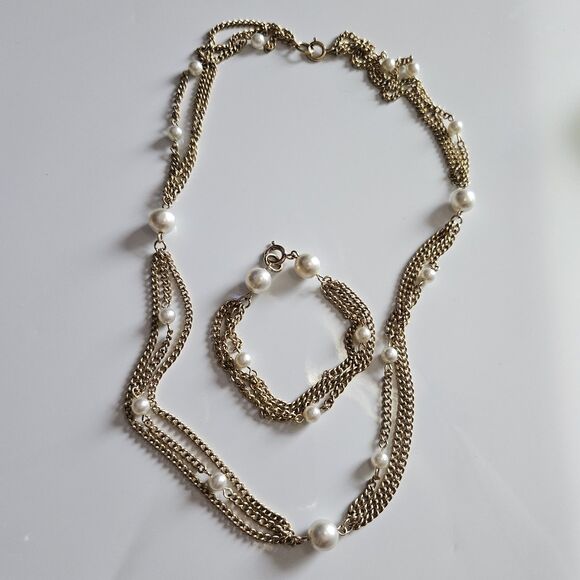 *Sale* Vtg 1970s Emmons Scenario Faux Pearl Bead Gold Tone Necklace Bracelet - Picture 11 of 13